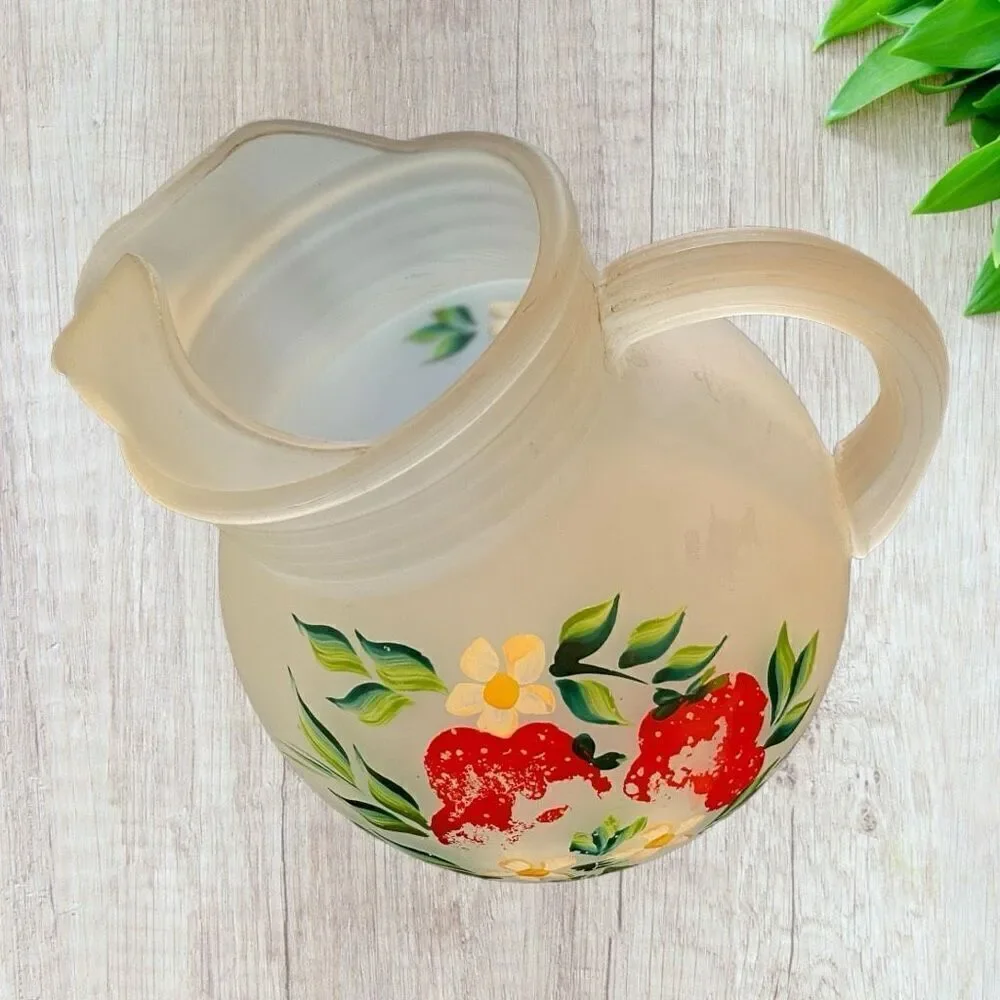 Vntg Hand Painted Strawberries Frosted Glass Juice Set 1950s Mid Century Modern